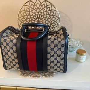 AUTHENTIC VINTAGE Gucci Blue and Grey Monogram Bag with Red Stripe